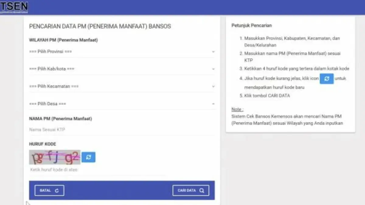 Laman Cek Bansos Kemensos saat ini menampilkan penelusuran menggunakan Data Tunggal Sosial dan Ekonomi Nasional (DTSEN). (Sumber:
Kemensos)