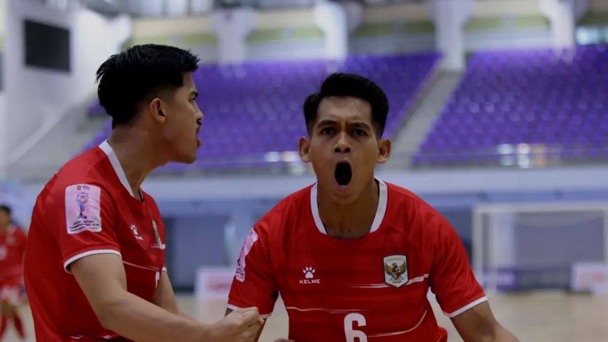 Momen selebrasi Andres Dwi Persada Putra (6) dalam laga Grup B ASEAN Futsal Championship 2026 Timnas Indonesia vs Australia di
Nonthaburi Sports Complex Gymnasium, Rabu (8/4/2026). (Dok. FFI)