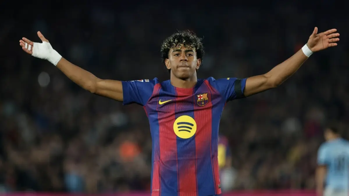 Selebrasi Lamine Yamal dalam laga Barcelona vs Celta Vigo di La Liga 2025/2026, Kamis (23/4/2026). (c) AP
Photo/Joan Monfort