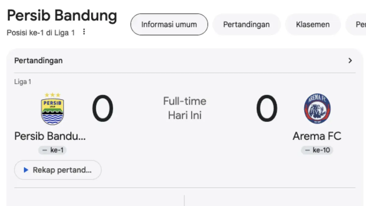 Persib Bandung vs Arema FC Berakhir Imbang Tanpa Gol, Ini Update Klasemen Terbaru Super League 2025/2026. (Google.)