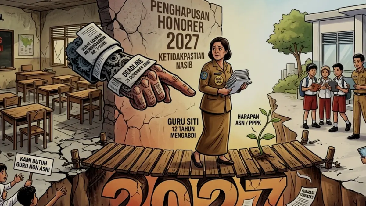 Ilustrasi guru non-ASN terancam dilarang mengajar per 2027. Anggota Komisi II DPR Fraksi Gerindra Azis Subekti sebut guru non-ASN yang
dilarang mengajar di sekolah negeri per 2027 jadi masalah konstitusional. (GENERATED BY GEMINI AI)