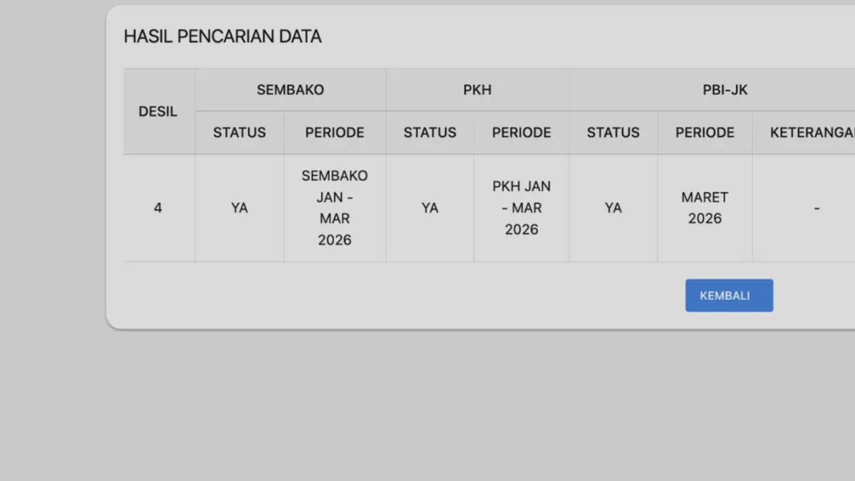 Tangkapan layar hasil pencarian cek bansos di laman resmi cekbansos.kemensos.go.id. Cara cek penerima PKH BPNT 2026. PKH BPNT tahap 2 2026. Cek PKH BPNT 2026. PKH BPNT Mei 2026. (KOMPAS.com/MELA ARNANI)