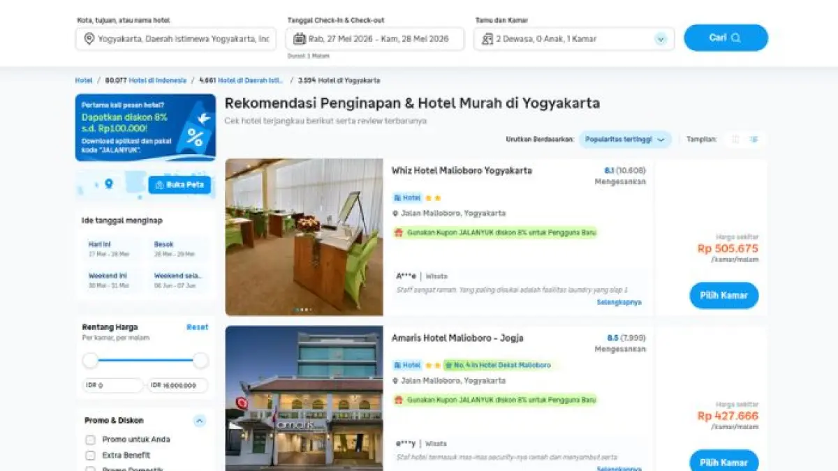 Yogyakarta menawarkan banyak hotel dengan fasilitas lengkap dan harga yang cukup bersahabat bagi anda yang ingin berkunjung ke sana.
