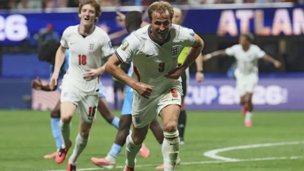Striker timnas Inggris Harry Kane merayakan gol keduanya ada laga 32 besar Piala Dunia 2026 antara
Inggris dan Republik Demokrasi Kongo di Atlanta Stadium, Atlanta, Georgia, Amerika Serikat, pada 1 Juli 2026. (AFP/ODD ANDERSEN)