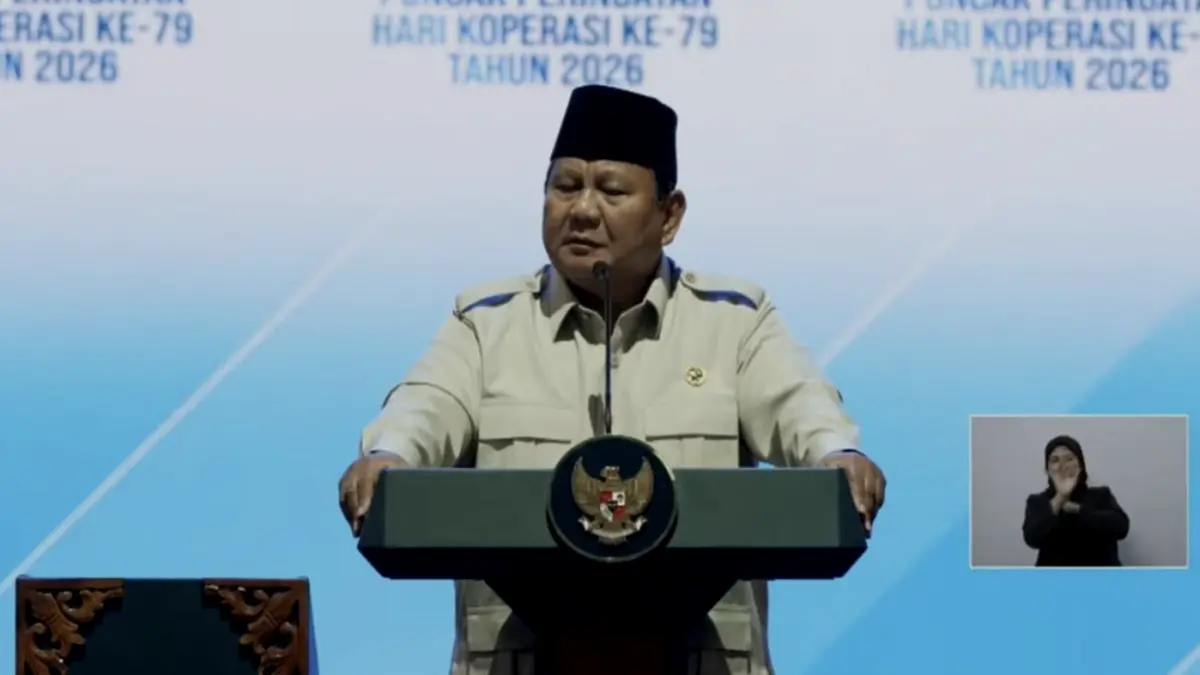 Presiden RI Prabowo Subianto saat menghadiri puncak peringatan Hari Koperasi ke-79 di Indonesia Arena, Senayan, Jakarta, Minggu
(12/7/2026). (Dok. YouTube Setpres)