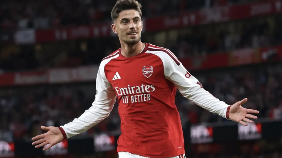 Penyerang Arsenal Kai Havertz merayakan keberhasilannya mencetak gol ke gawang Coventry City
pada pertandingan Liga Inggris di Stadion Emirates, London, Jumat (21/8/2026) waktu setempat.
(premierleague.com)