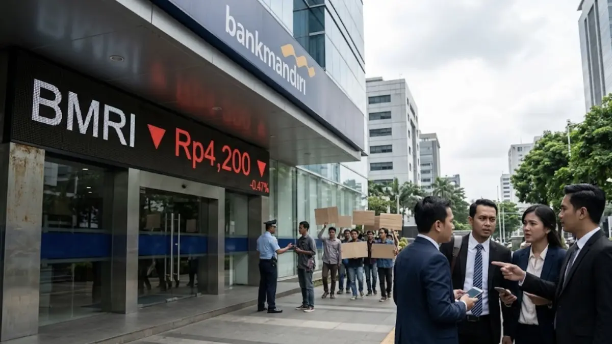 Saham BMRI turun ke Rp4.200 di tengah polemik rekening Mandiri. Simak data harga dan risiko reputasi yang perlu dicermati investor. - Ilustrasi: Gemini Google