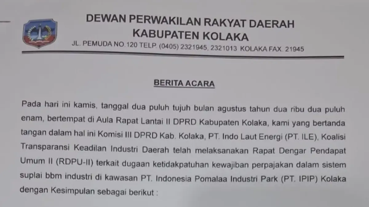 Dugaan Ketidakpatuhan Pajak PT ILE, DPRD Kolaka Minta Dokumen Diserahkan Paling Lambat 3 September. (Istimewa)