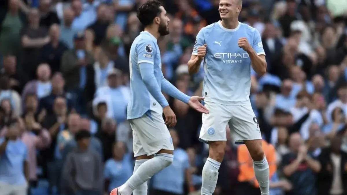 Penyerang Mancehster City Erling Haaland merayakan gol ke gawang Coventry City. Hasil Man Clty vs Coventry bergulir sebagai bagian dari pekan kedua Premier League 2026-2027 di Stadion
Etihad pada Sabtu (5/9/2026). (AFP/PETER POWELL)