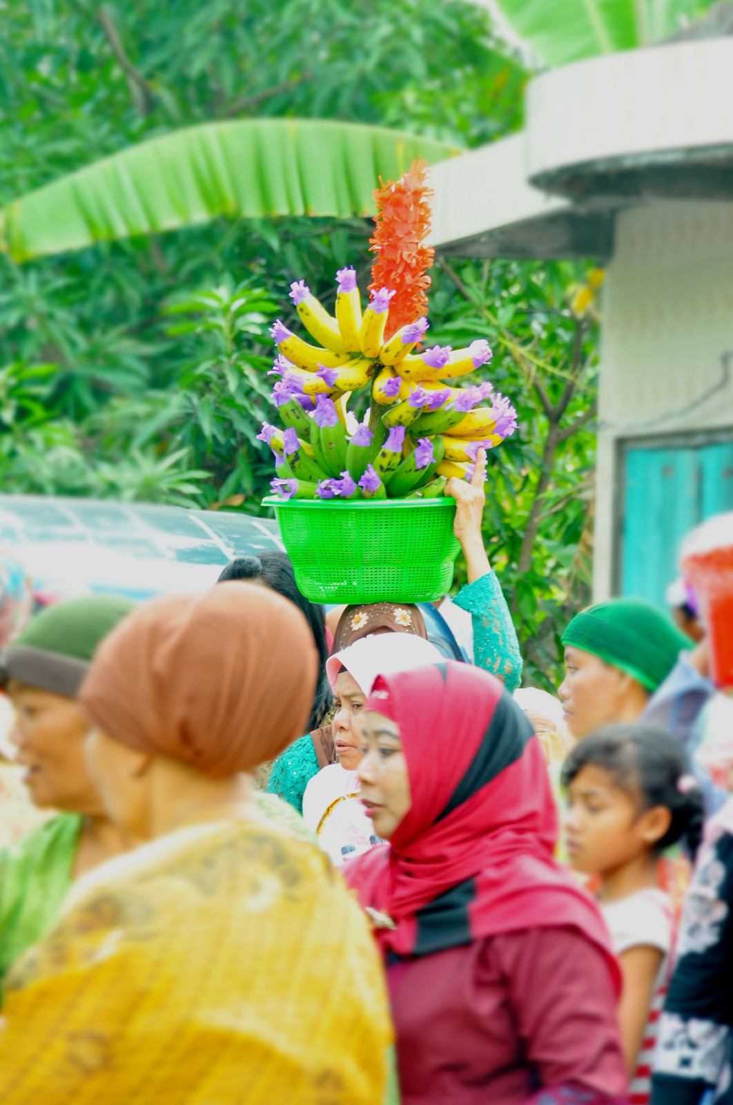 Pisang raja yang diusung pengiring pengantin dalam acara seserahan pengantin di Kecamatan Plumpang, Kabupaten Tuban, Jawa Timur belum lama ini.