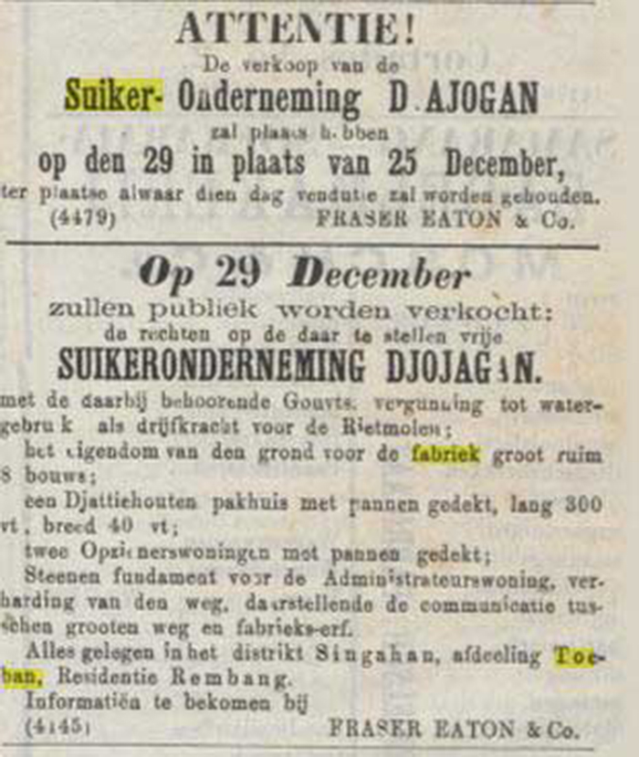 Peresmian pabrik gula di Tuban yang termuat dalam kolom advertentie dan berkop Batavia tersebut dituliskan pada surat kabar Java-Bode terbitan Kota Batavia edisi 10 Agustus 1853.