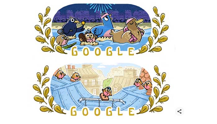 Google Doodle Olimpiade Paris 2024 muncul menghiasi halaman pencarian google, merayakan ajang olahraga internasional di Paris, Prancis.