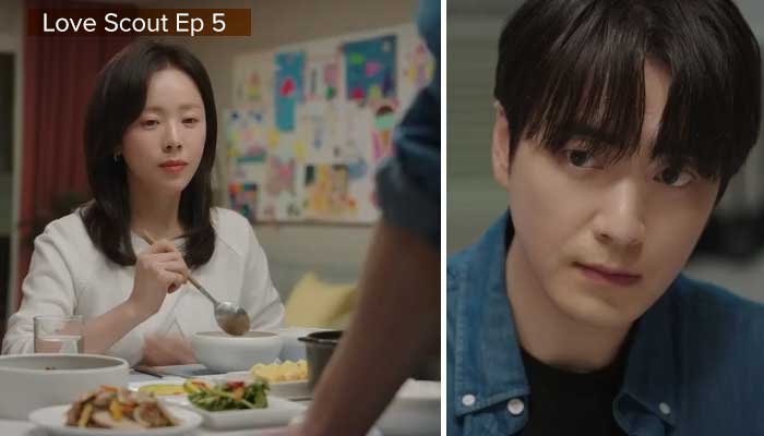 Tangkapan adegan Kdrama Love Scout Ep 5 Sub Indo HD, Yo Eun Ho dan Kang Ji Hyun makan malam bersama menyantap doenjang jjigae.