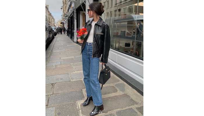 Jaket Kulit + Boots Hak Tinggi.