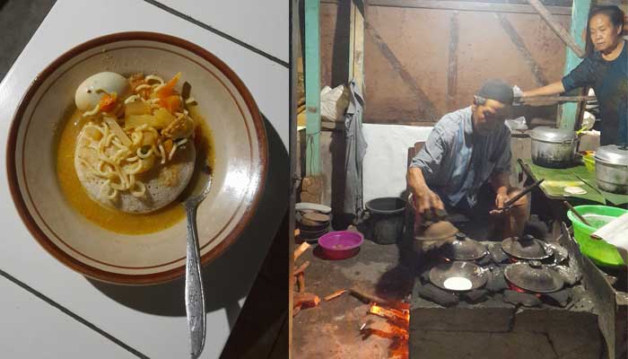 KULINER MALAM MURAH DI TUBAN: Pasangan suami istri penjual serabih lodeh di Dusun Bongkol, Desa Sumurgung, Kecamatan Tuban, dan menu serabih lodehnya (foto kiri).