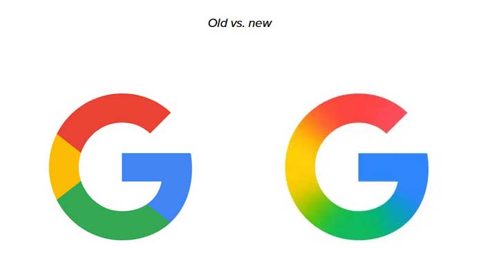 Logo G Google lawas (kiri) dengan desain warna solid dan logo G Google baru dengan gradasi (kanan).