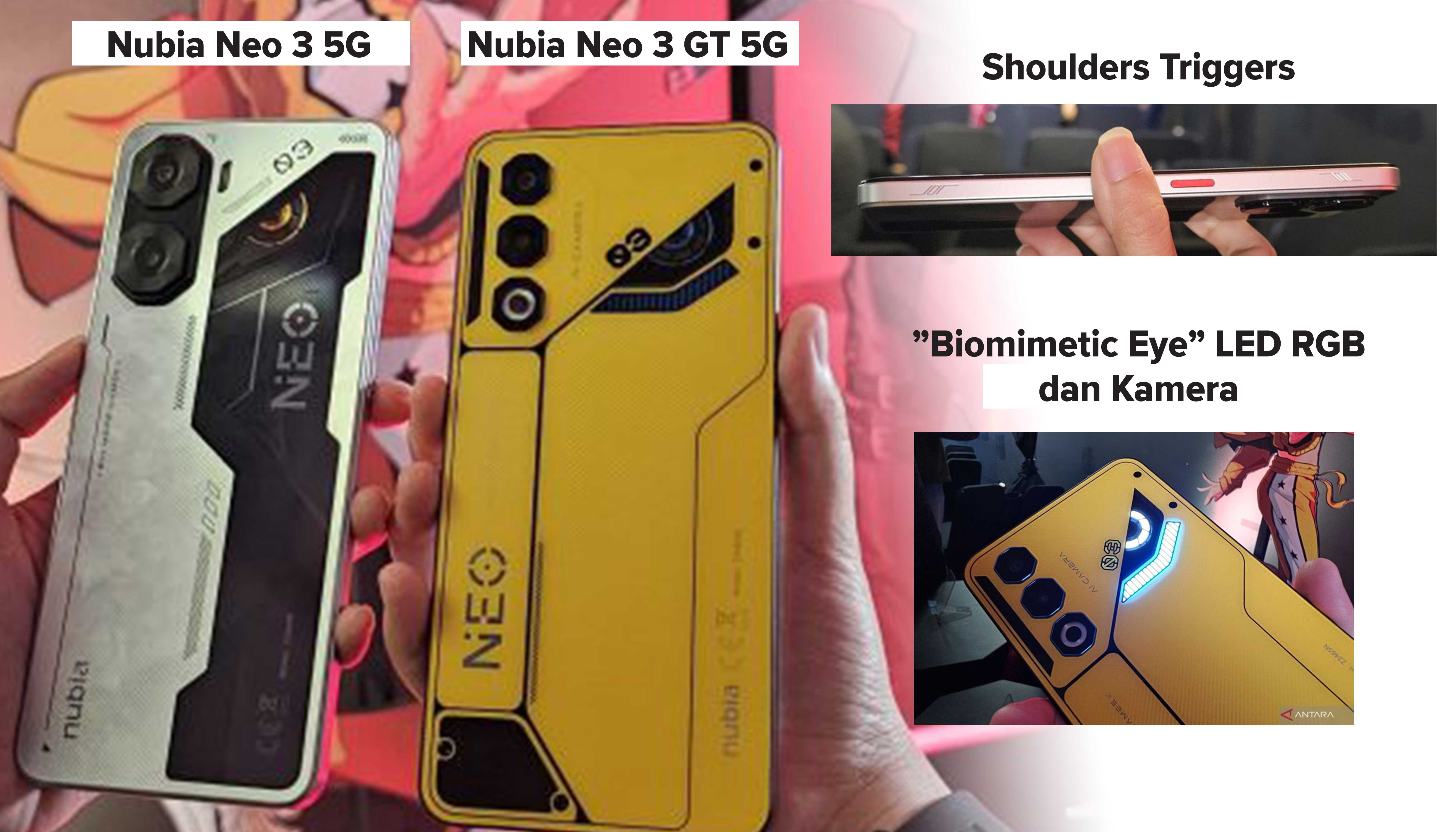 Nubia Neo 3 5G dan Nubia Neo 3 GT 5G, HP gaming 5G terbaru yang memiliki fitur khusus shoulder triggers di kedua sisi, layaknya kontroler konsol. Dan di bagian belakang ada &ldquo;Biomimetic Eye&rdquo; LED RGB.