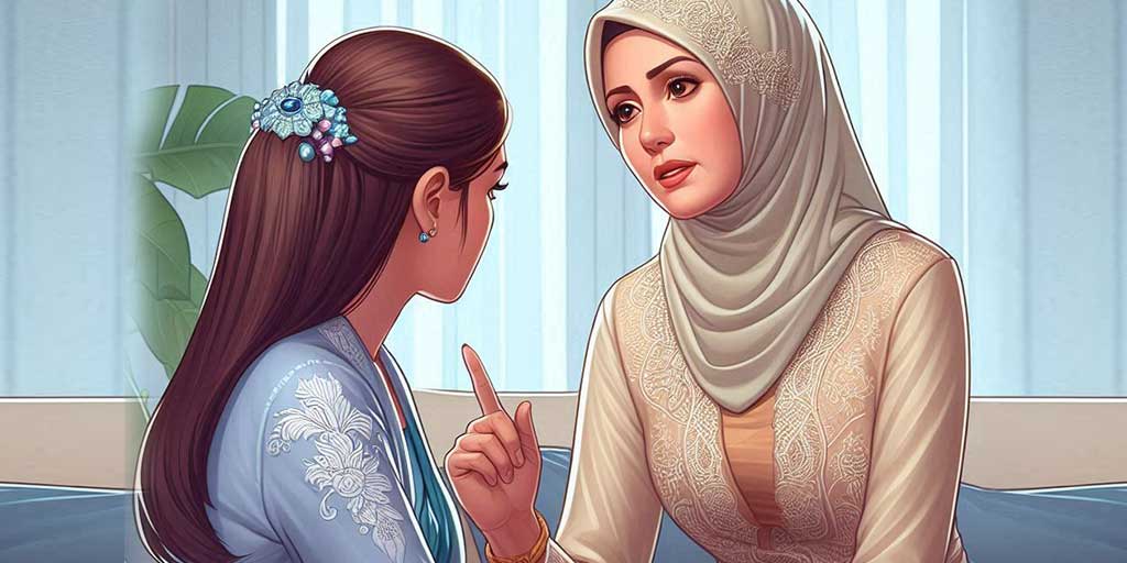 Ilustrasi budaya masyarakat Jawa: Seorang ibu memberi nasihat kepada anaknya yang sudah dewasa, tentang jenis barang di rumah agar dijaga jangan sampai kehabisan agar rezeki tetap lancar.