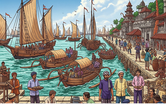 Ilustrasi pelabuhan dagang Nusantara yang pernah ada di Tuban.