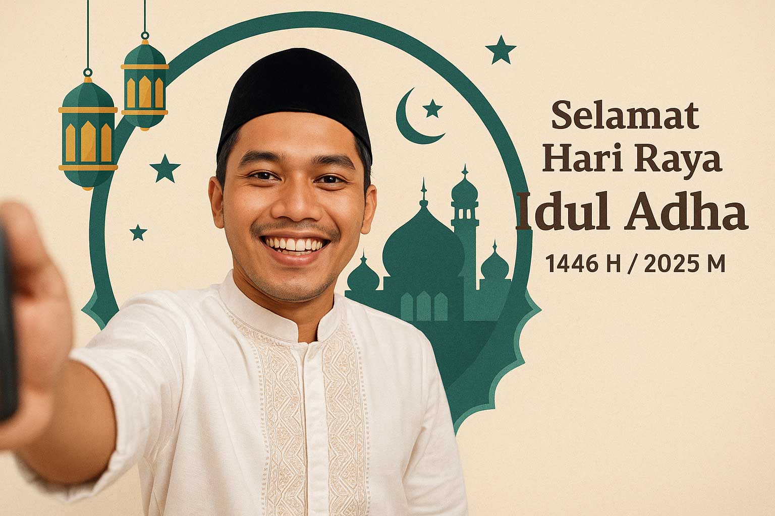 Ilustrasi seorang muslim mengambil foto untuk twibbon Idul Adha 2025.