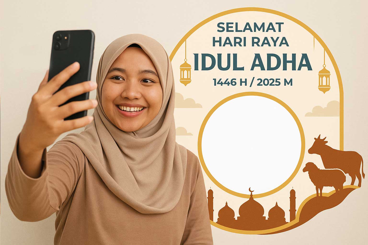 Ilustrasi seorang muslimah mengambil foto untuk dipasang di twibbon Idul Adha 2025.