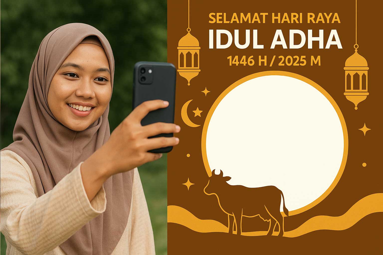Foto ilustrasi seorang muslimah mengambil foto untuk dipasang di twibbon Idul Adha 2025.