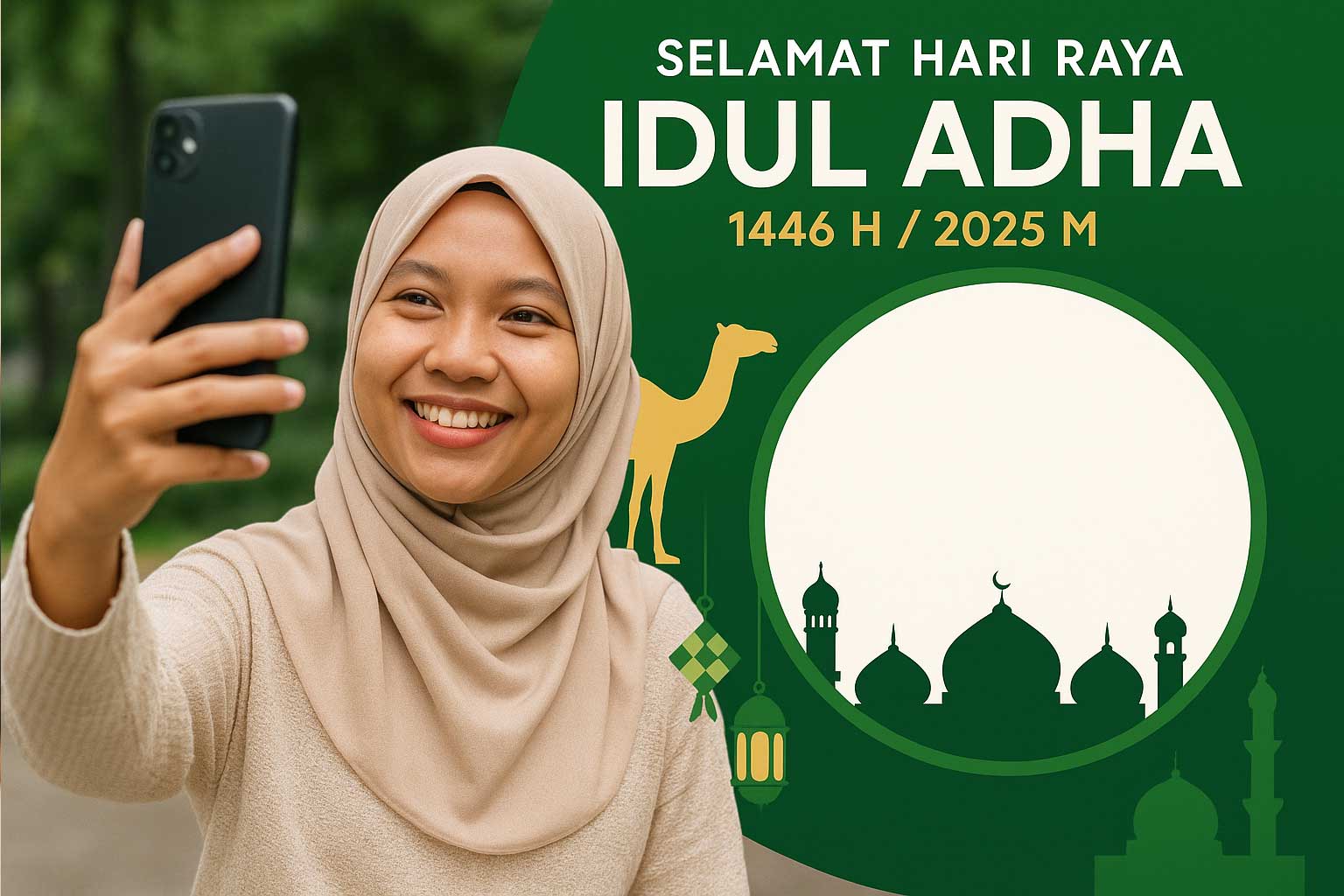 Ilustrasi seorang muslimah mengambil foto untuk twibbon Idul Adha 2025.