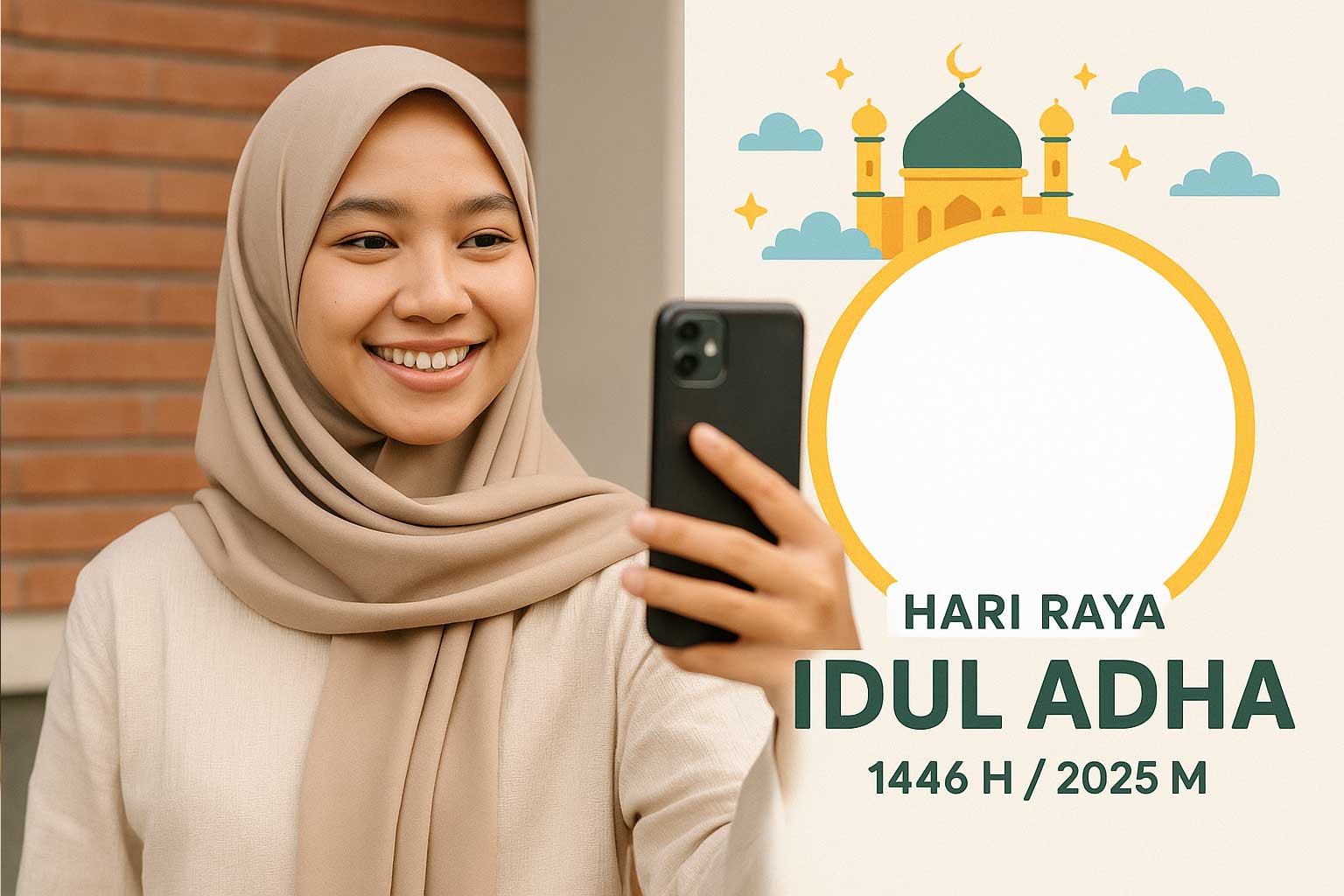 Foto ilustrasi seorang muslimah mengambil foto untuk dipasang di twibbon Idul Adha 2025.