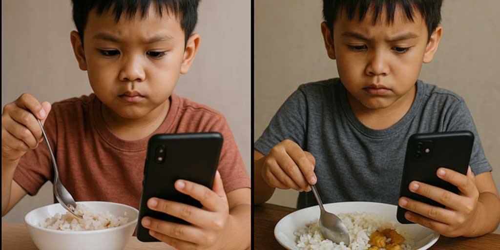 Foto ilustrasi kebiasaan anak makan sambil main HP.