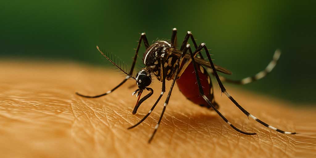 Ilustrasi foto nyamuk aedes aegypti betina menggigit manusia.