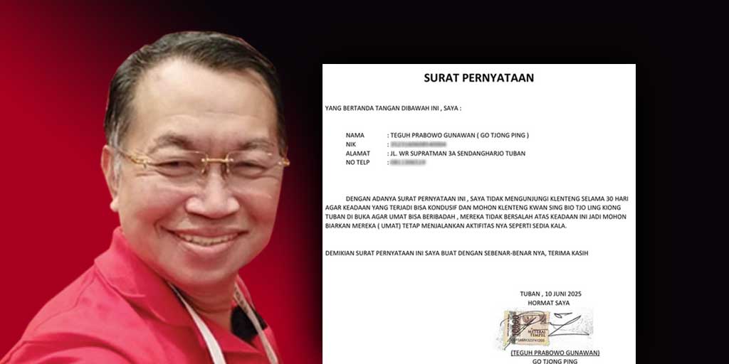 Surat resmi bermaterai pernyataan Go Tjong Ping tidak mengunjungi kelenteng Kwan Sing Bio Tuban selama 30 hari.