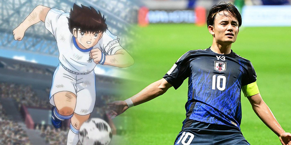 Dari Imajinasi ke Kenyataan &mdash; Karakter anime Captain Tsubasa (kiri) yang menginspirasi generasi muda Jepang, kini tercermin dalam sosok nyata seperti Takefusa Kubo (kanan), bintang timnas Jepang.