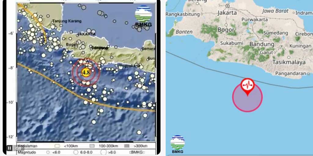 Tangkapan layar peta gempa magnitudo 4,8 yang mengguncang Jawa Barat Rabu sore (18/6).