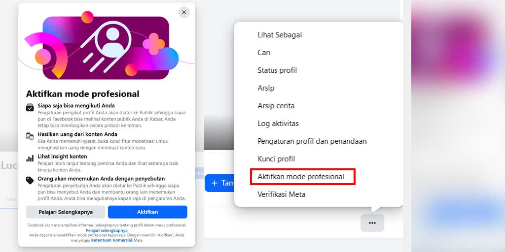 Aktifkan Mode Profesional: Tangkapan layar cara mengubah mode FB biasa ke FB Pro melalui HP maupun versi Desktop.