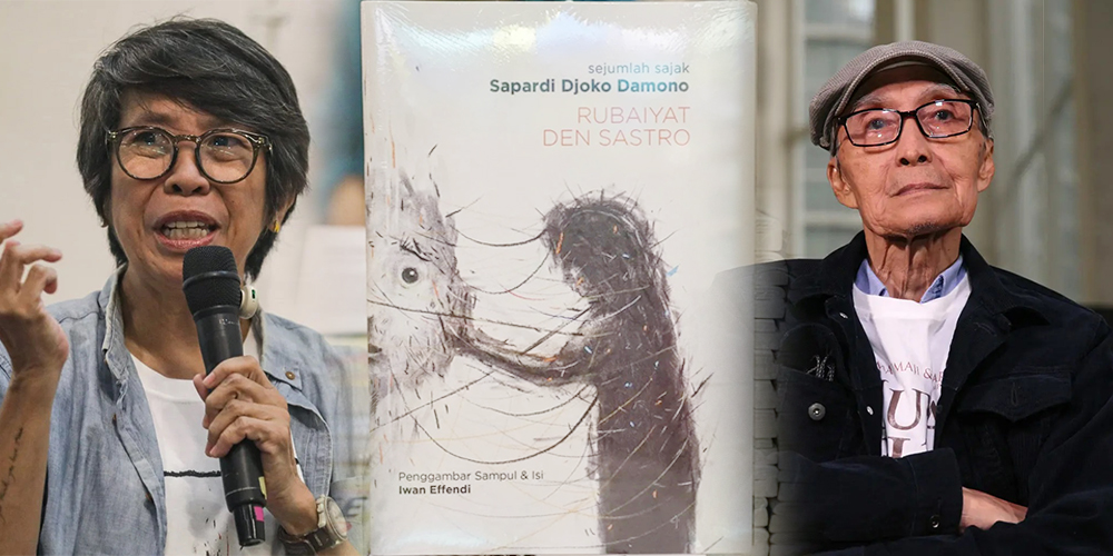 Reda Gaudiamo (kiri) memegang amanah terakhir Sapardi Djoko Damono (kanan) lewat naskah sajak yang kemudian diterbitkan menjadi buku Rubaiyat Den Sastro. Buku tersebut menampilkan ilustrasi khas karya