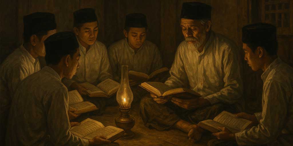 Ilustrasi  seorang kiai mengaji bersama santri-santrinya. Di Jawa Timur, ada 10 pondok pesantren tertua dan paling berpengaruh.