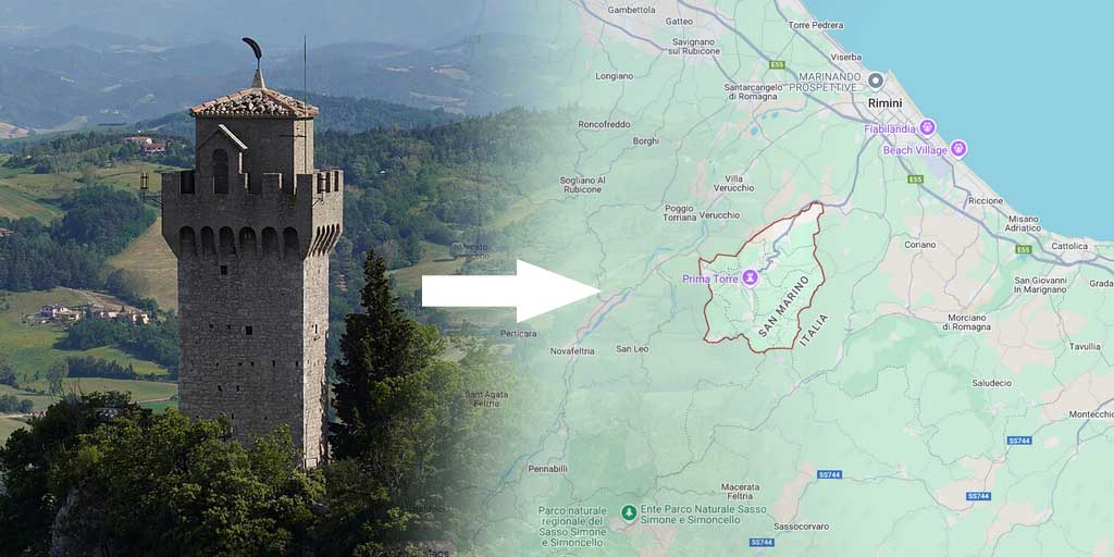 Menara Montale di Monte Titano dan San Marino dalam peta.