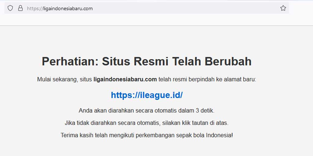 Tangkapan layar perubahan nama situs dari doman lama ligaindonesiabaru.com menjadi www.ileague.id.