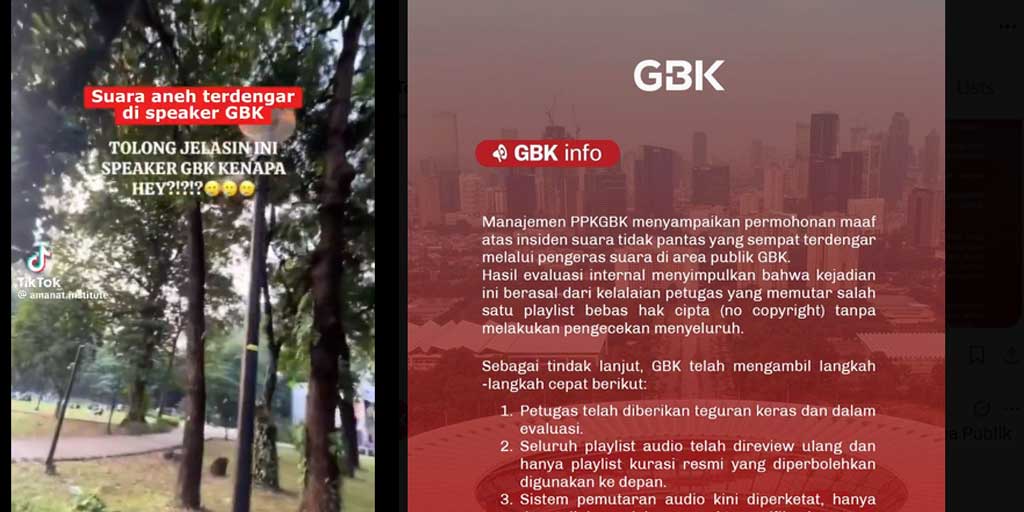Foto kiri, Tangkapan layar yang viral suara desahan wanita di GBK, Minggu (13/7). Foto kanan, tanggapan resmi GBK atas kejadian suara tidak pantas di area publik tersebut.
