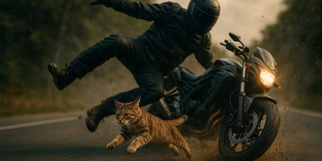 Ilustrasi pengendara motor menabrak seekor kucing.