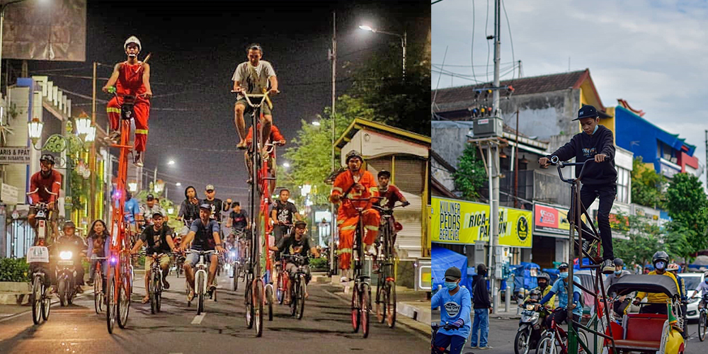 Pesepeda komunitas Tallbike Jogja melintas di jalanan kota, memamerkan kreativitas dan keterampilan mengendarai sepeda tinggi yang menjadi ikon unik Kota Gudeg