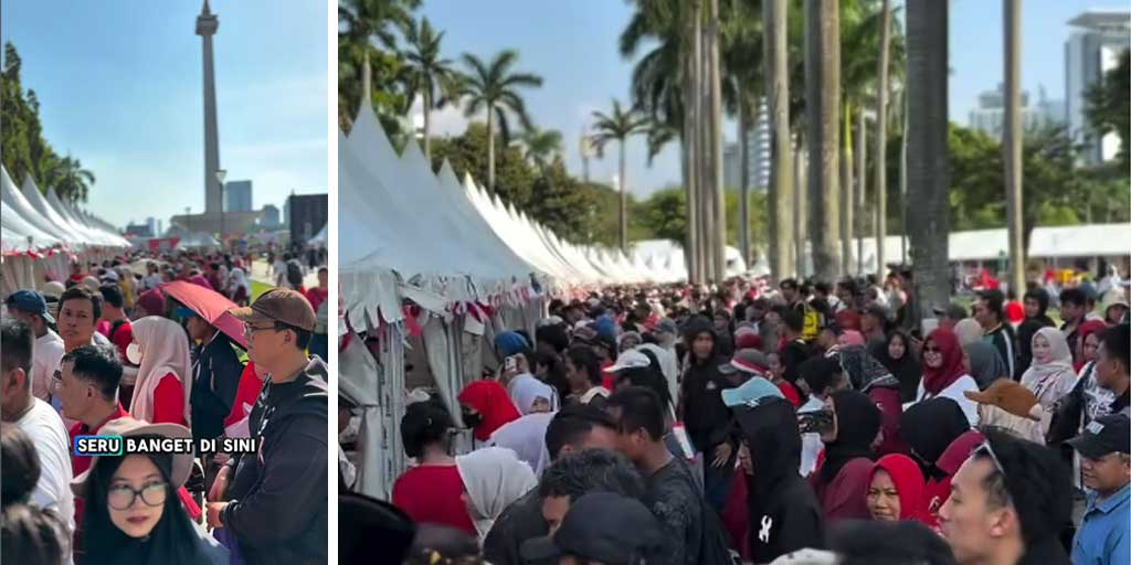 Tangkapan layar video ribuan warga menikmati aneka kuliner gratis pesta rakyat HUT ke-80 RI di Monas, Jakarta Pusat, Minggu (17/8).
