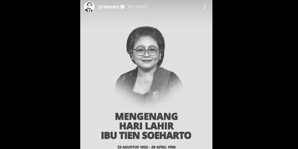 Tangkapan layar unggahan potret Ibu Tien Soeharto di akun media sosial pribadi Presiden RI Prabowo Subianto yang diposting, Sabtu (23/8).