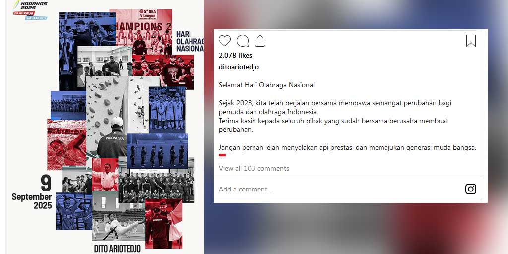 Tangkapan layar unggahan selamat Haornas lewat media sosial Dito Ariotedjo.