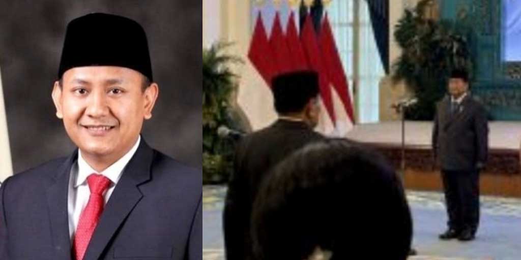 Rohmat Marzuki (kiri) dan suasana upacara pelantikan menteri dan wakil menteri serta pimpinan lembaga hasil reshuffle jilid ke-3 Kabinet Merah Putih oleh Presiden Prabowo Subianto, Rabu (17/9).