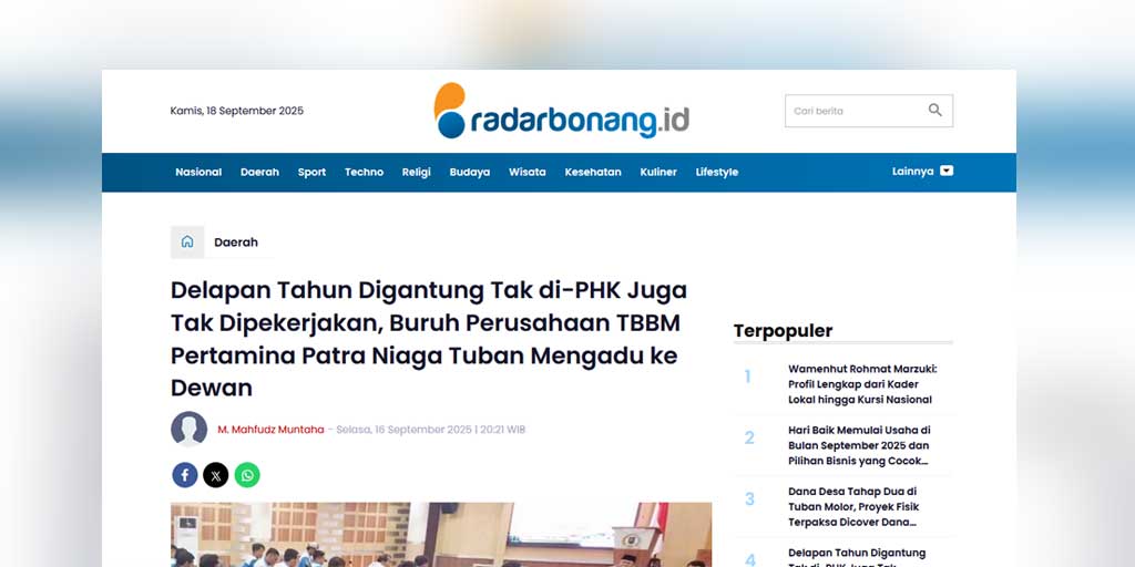 Tangkapan layar berita kasus perselisihan hubungan industrial antara PT Cahaya Andika Tamara dengan salah satu pekerjanya, Suwandi.