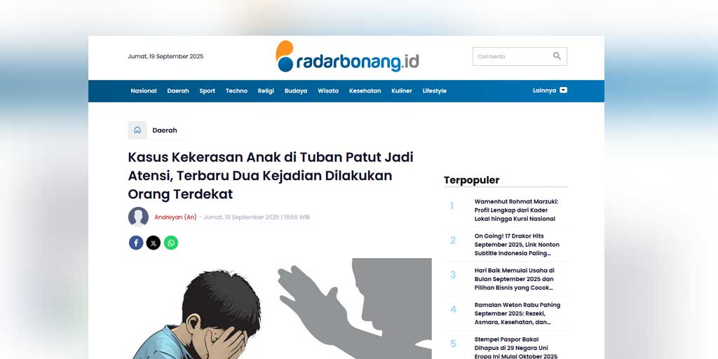 Tangkapan layar berita dua kejadian terbaru kasus kekerasan anak di Tuban yang dilakukan orang terdekat.