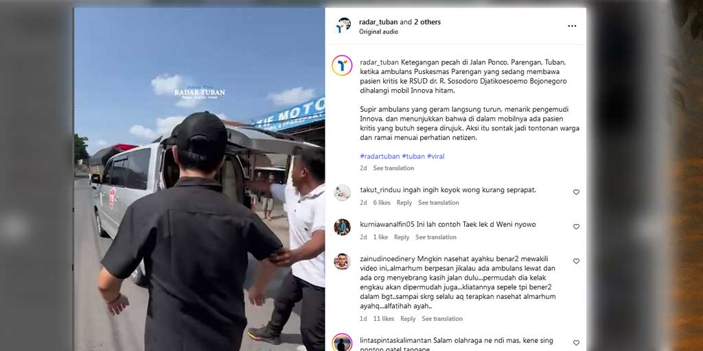 Tangkapan layar video unggahan @radar_tuban Instagram yang viral Innova halangi ambulans yang mengangkut pasien kritis di Tuban.