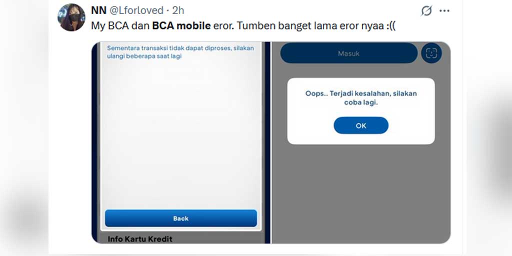 Tangkapan layar cuitan salah satu akun di X soal My BCA dan BCA mobile yang error pada Senin pagi ini (29/9).