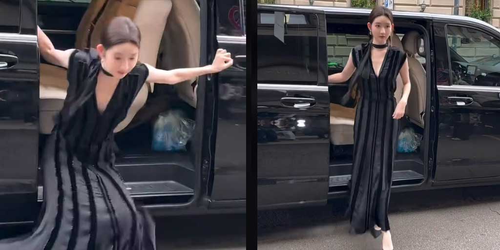 Foto kiri, detik-detik Wang Yuwen terjatuh saat turun dari mobil dan adegan retake ia turun dengan mulus dan elegan dari mobil.